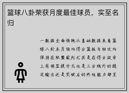篮球八卦荣获月度最佳球员，实至名归