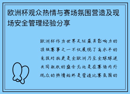 欧洲杯观众热情与赛场氛围营造及现场安全管理经验分享